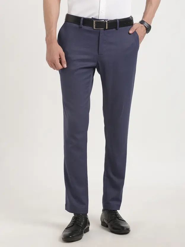 Indian Terrain Men's Comfort Fit Self Design Blue Trousers